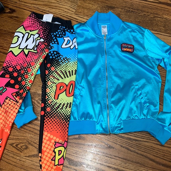 Girls satin bomber jacket and pop art leggings size 8. Great 90s costume! - Picture 1 of 9